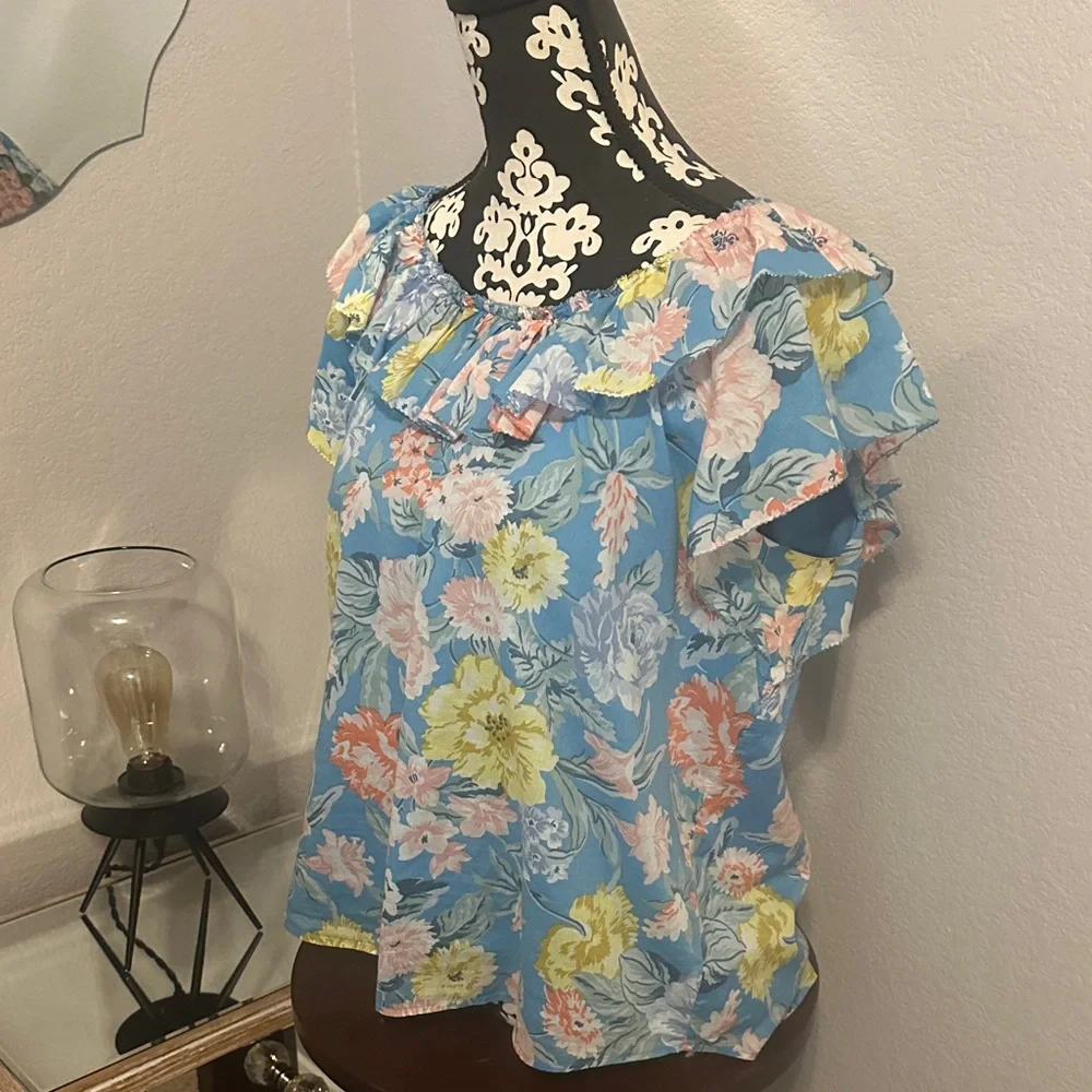 Loft Floral Ruffle Off-Shoulder Top - Blue - Picture 1 of 5